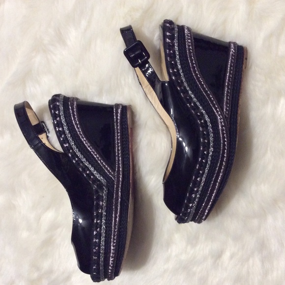 CHRISTIAN LOUBOUTIN Black Patent Wedge SHOES size 38 Silver trim - Picture 4 of 8